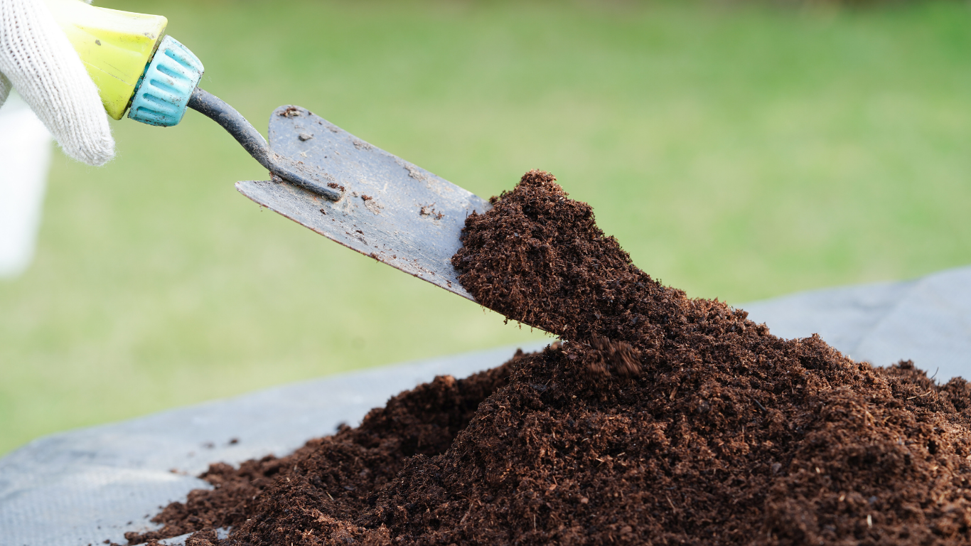Hand with trowel scooping soil onto a pile.