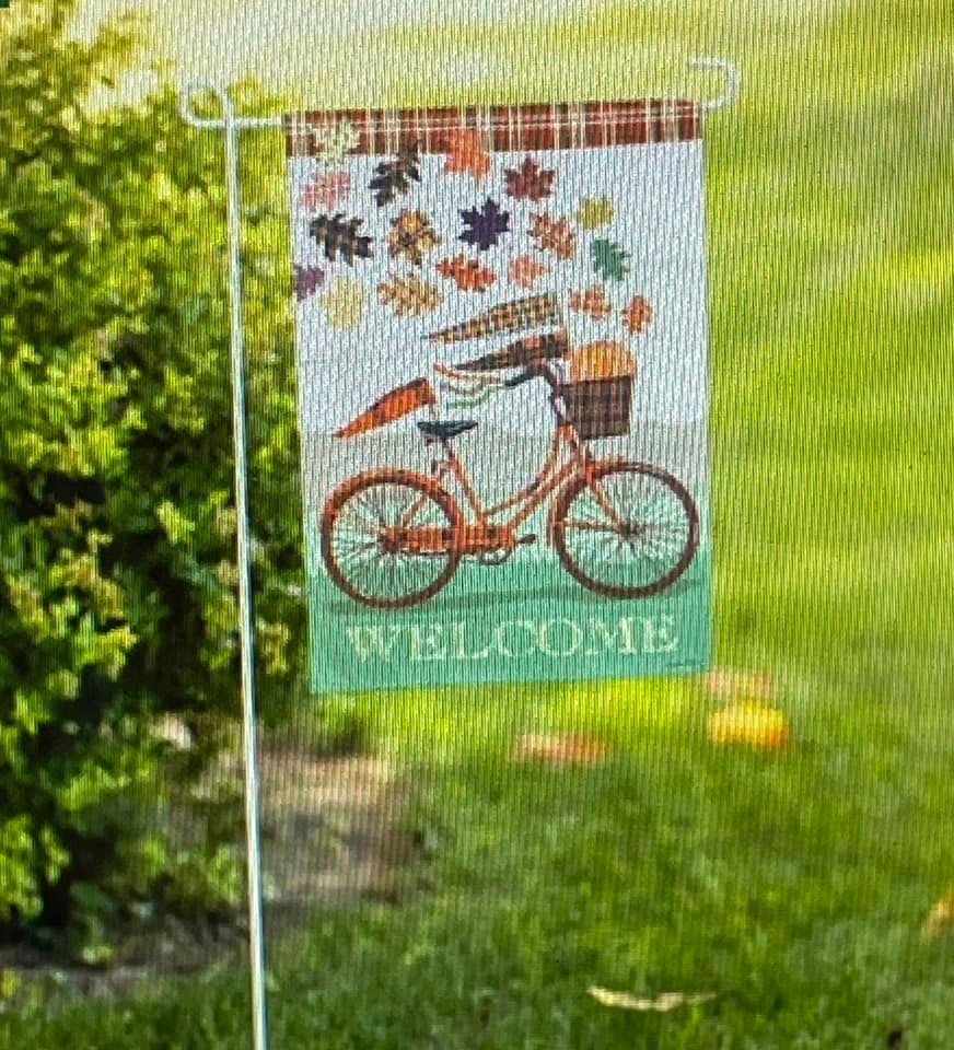 Fall garden flag: bicycle with basket, autumn leaves,