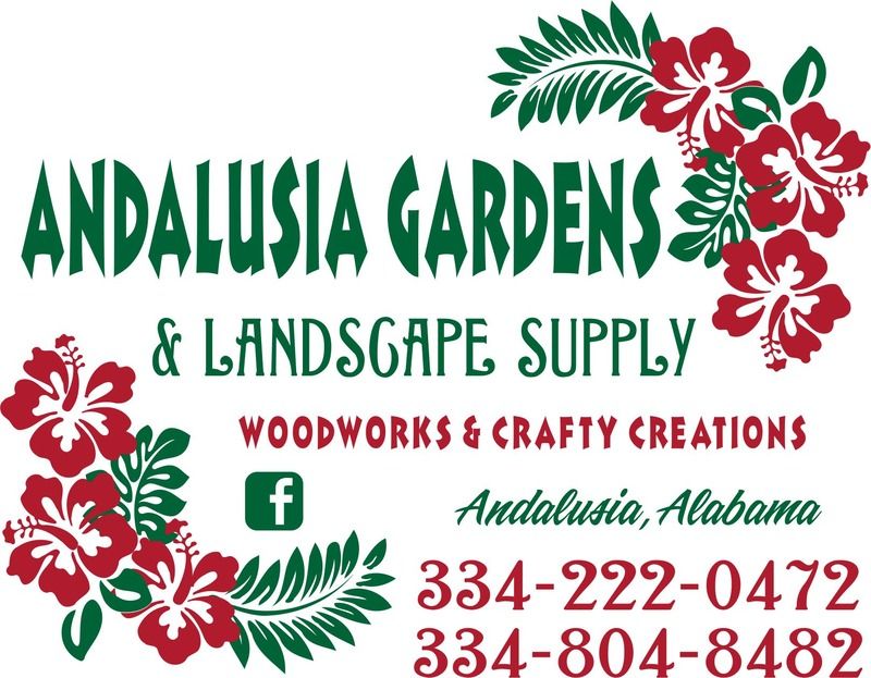 Logo for Andalusia Gardens & Landscape Supply, featuring floral accents and contact information.