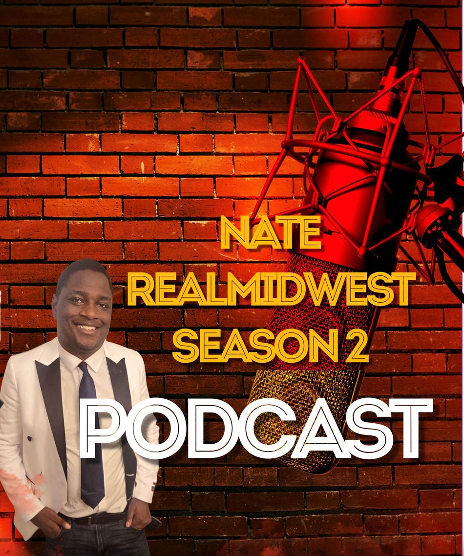 NATE REALMIDWEST SEASON 2 PODCAST on brick wall with red microphone and suited host cutout