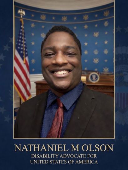 Portrait of Nathaniel Molson smiling in a suit, with U.S. flag and White House backdrop, labeled disability advocate.