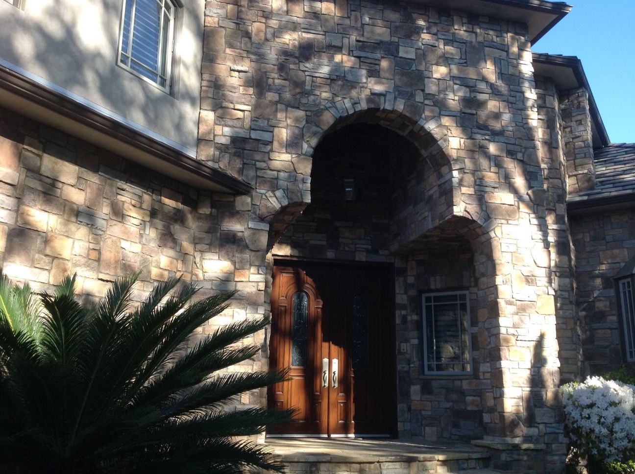 A large stone building with a wooden door and a palm tree in front of it