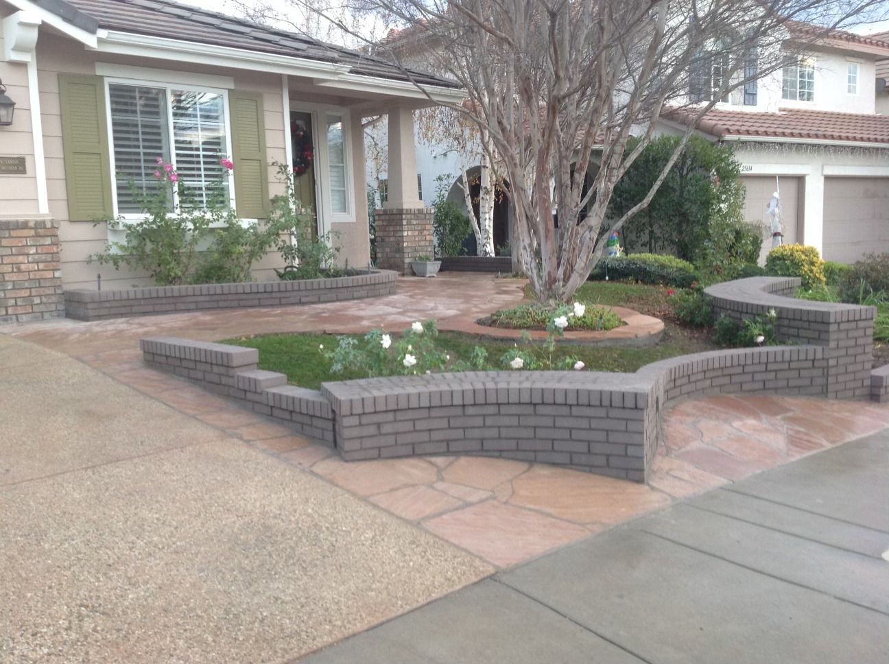 A house with a brick walkway and a tree in front of it