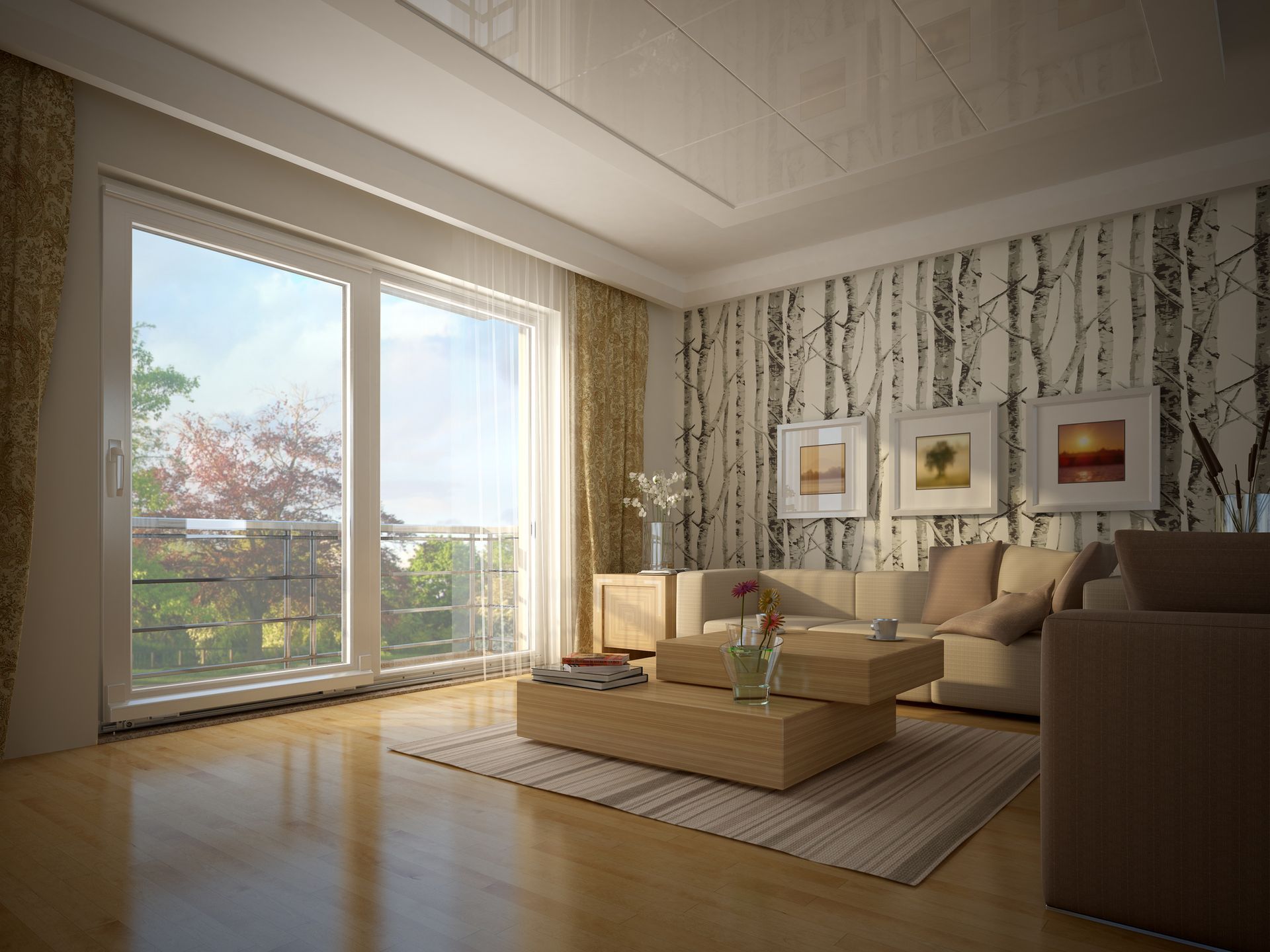 Living room with large window, sofa, coffee table, and birch tree wallpaper.