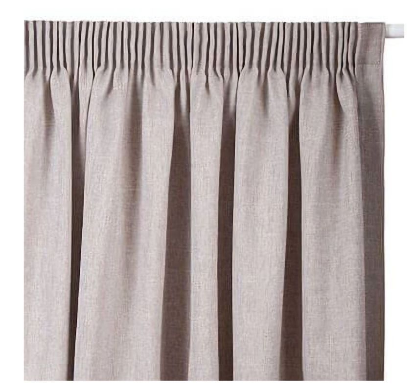 Beige linen curtain with pleated top, hanging against a white background.