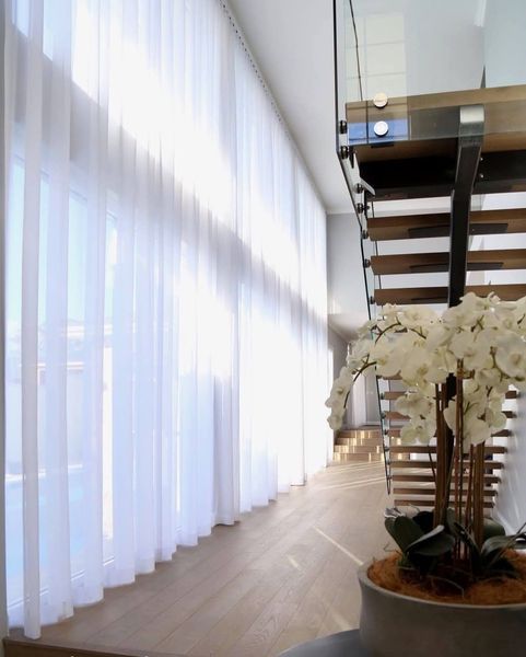 A bright, modern interior with sheer white curtains, a staircase, and a potted orchid.
