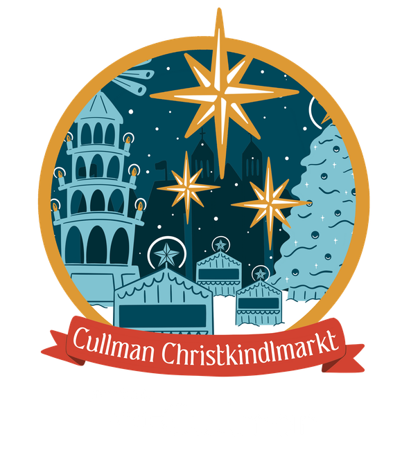 a logo for the cullman christkindlmarkt shows a christmas scene