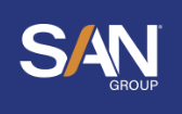 The SAN Group logo featuring white text on a blue background, with an orange diagonal slash replacing the letter A.