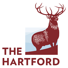 The Hartford company logo featuring a dark red stag standing on a hill against a light blue square.