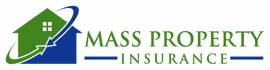 Logo for Mass Property Insurance featuring a house icon with a green roof, blue base, and a swirling arrow graphic.