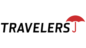 The Travelers company logo features black text reading 