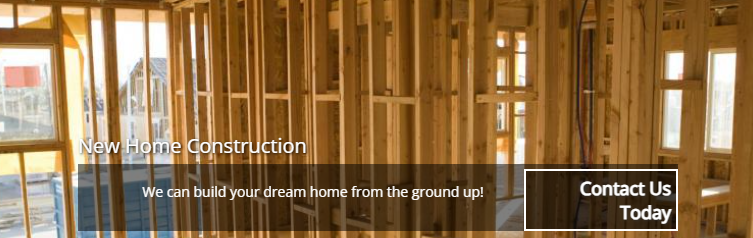 Interior view of a residential construction site with wooden framing, overlaid with text about new home construction.