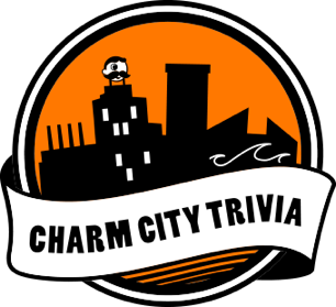 A logo for charm city trivia with a skull on top of a building