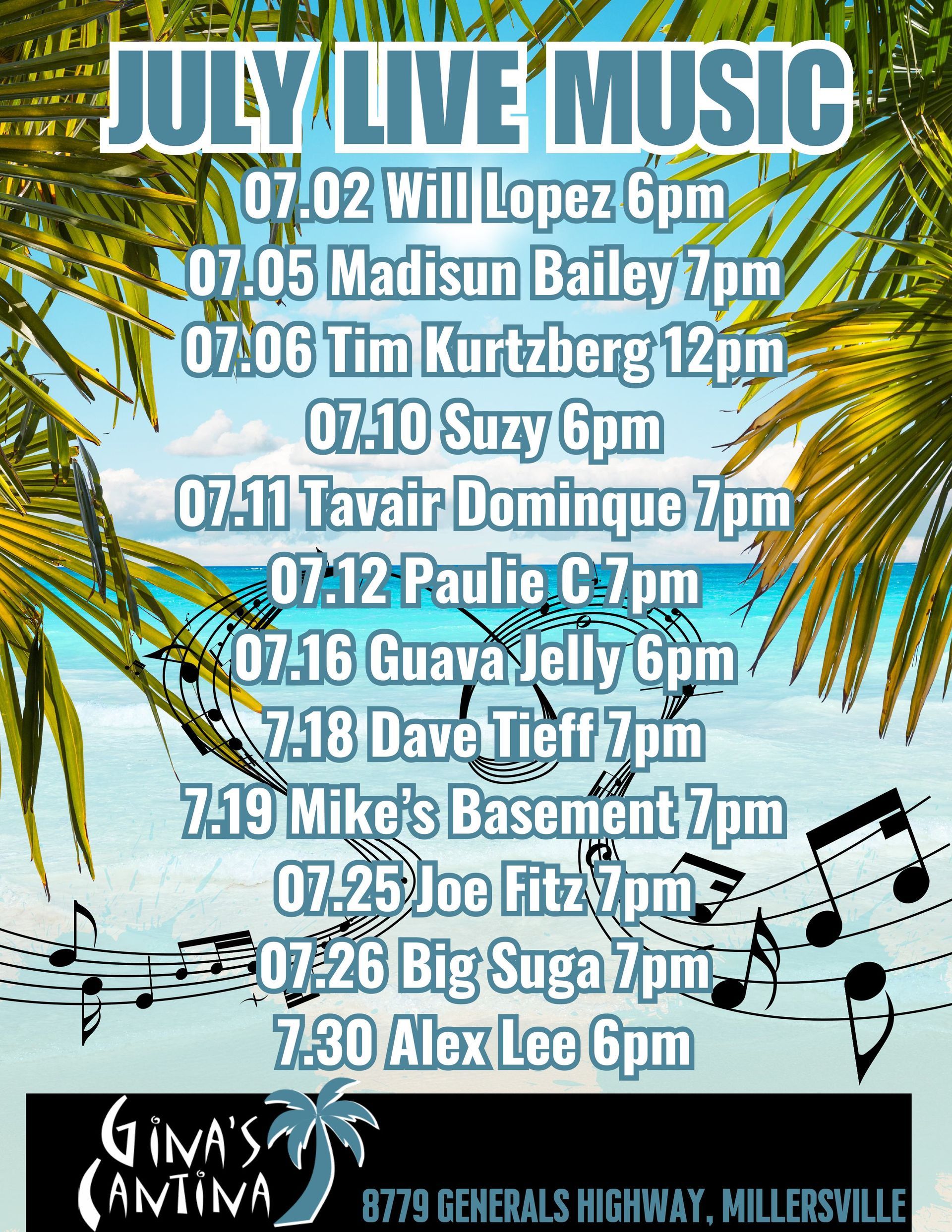 Gina's Cantina live music flyer for July 2025