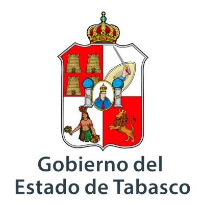 Escudo del Gobierno del Estado de Tabasco. Incluye una corona, torres y un león. Texto: «Gobierno del Estado de Tabasco».