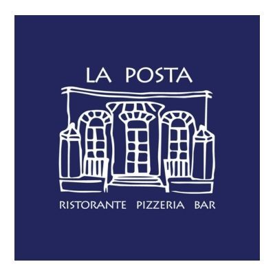 Dibujo de líneas blancas de la fachada del restaurante La Posta sobre fondo azul. El texto dice 