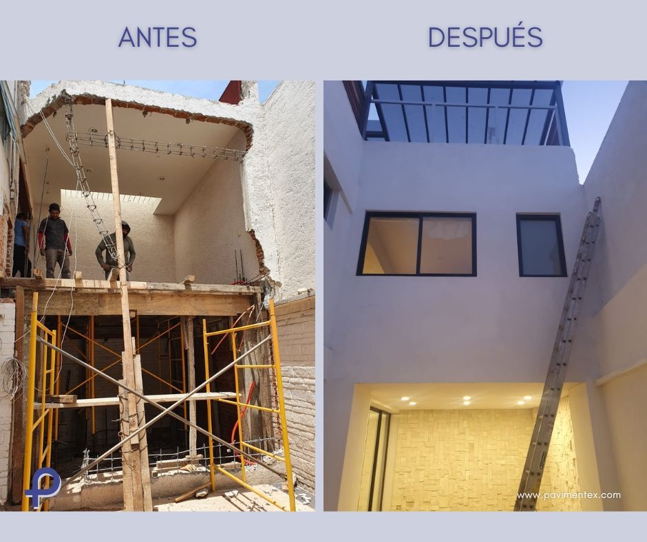 Antes y después de la renovación de un edificio. A la izquierda, la demolición; a la derecha, la fachada moderna terminada.