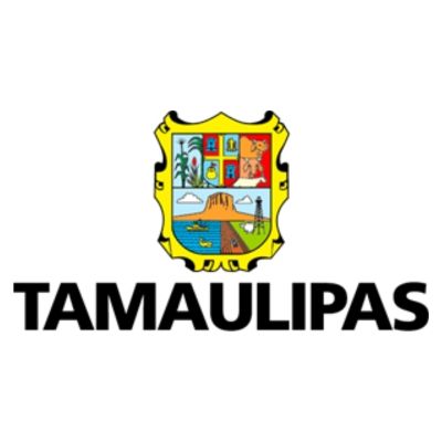 Bandera de Tamaulipas, México, con su escudo de armas encima del nombre del estado en letras negras.