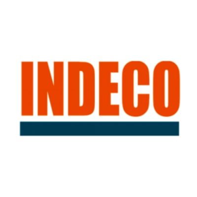 Logotipo de INDECO en texto naranja sobre una línea horizontal azul oscuro.