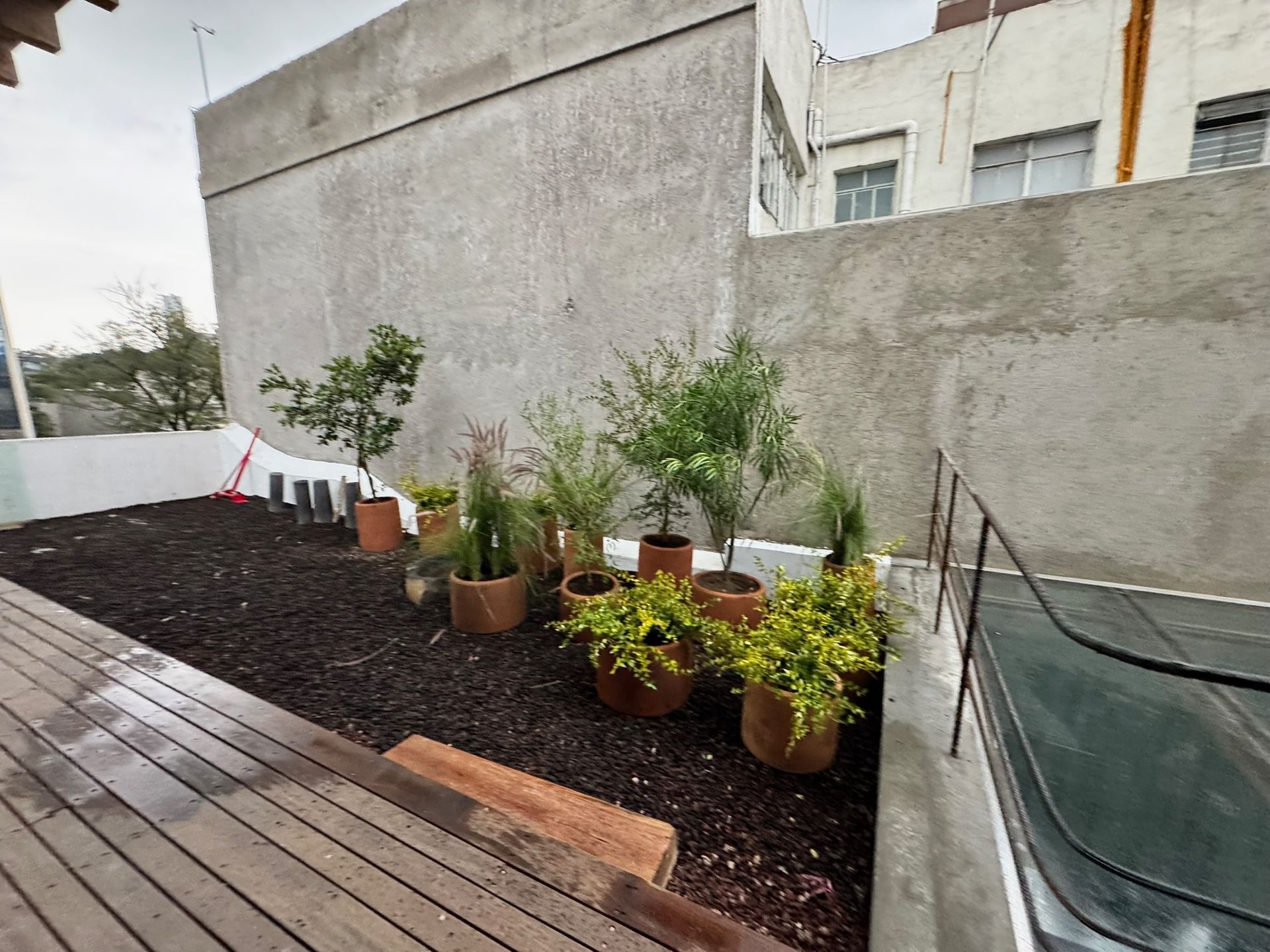Un jardín en la azotea con plantas en macetas, mantillo y una plataforma de madera contra una pared de hormigón.