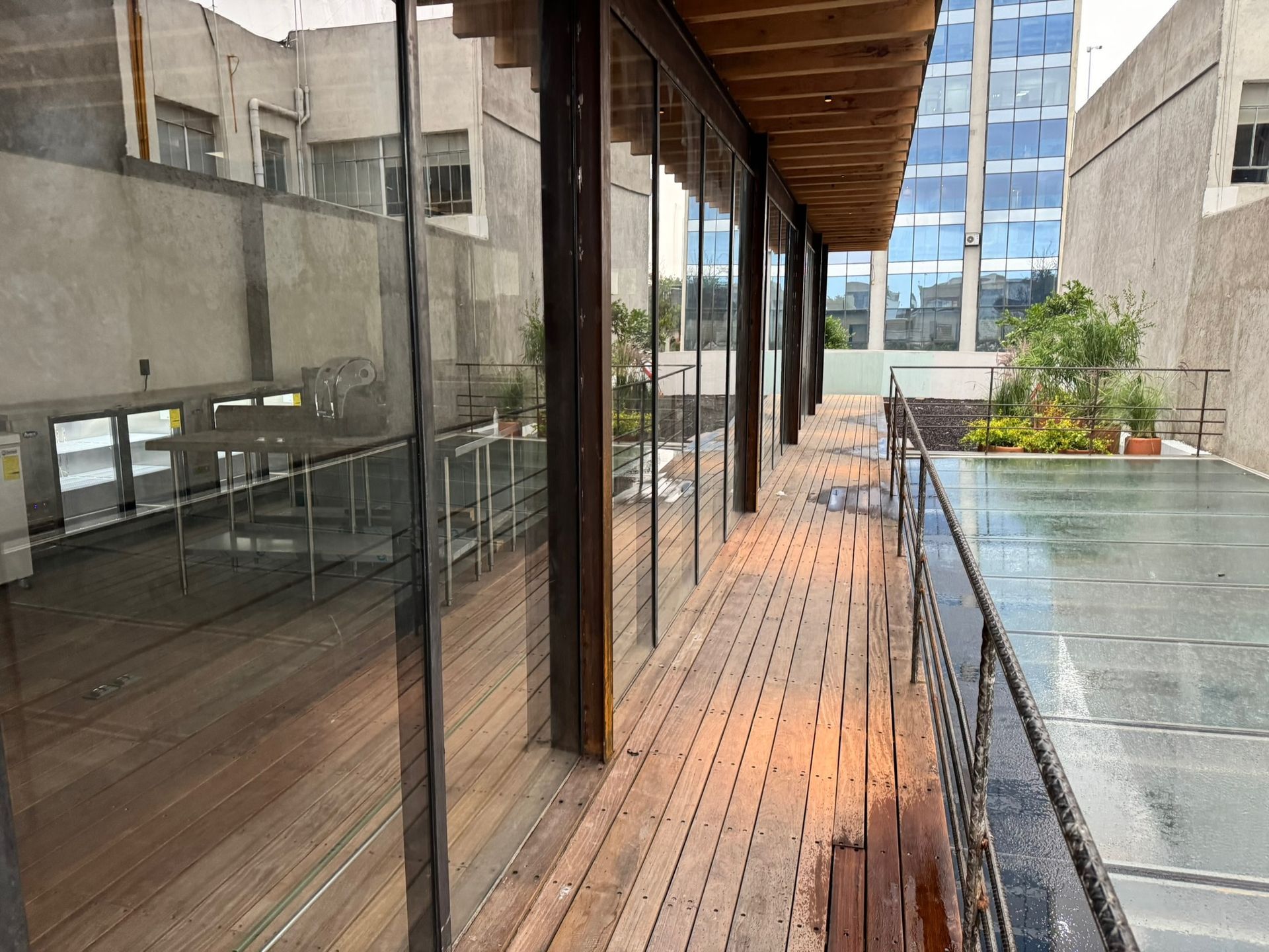 Terraza de madera con ventanas de cristal que conduce a un jardín en la azotea.
