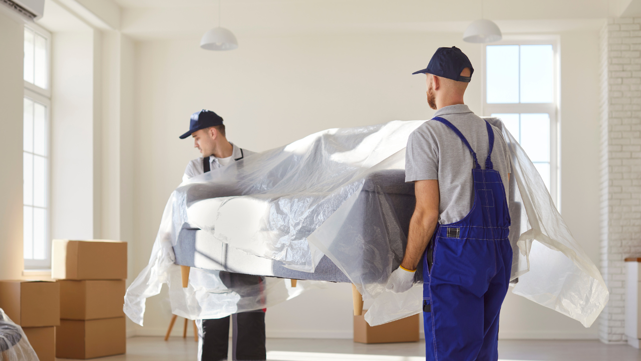 Two movers wearing blue overalls and hats carrying a sofa covered in plastic wrap inside a room with boxes.