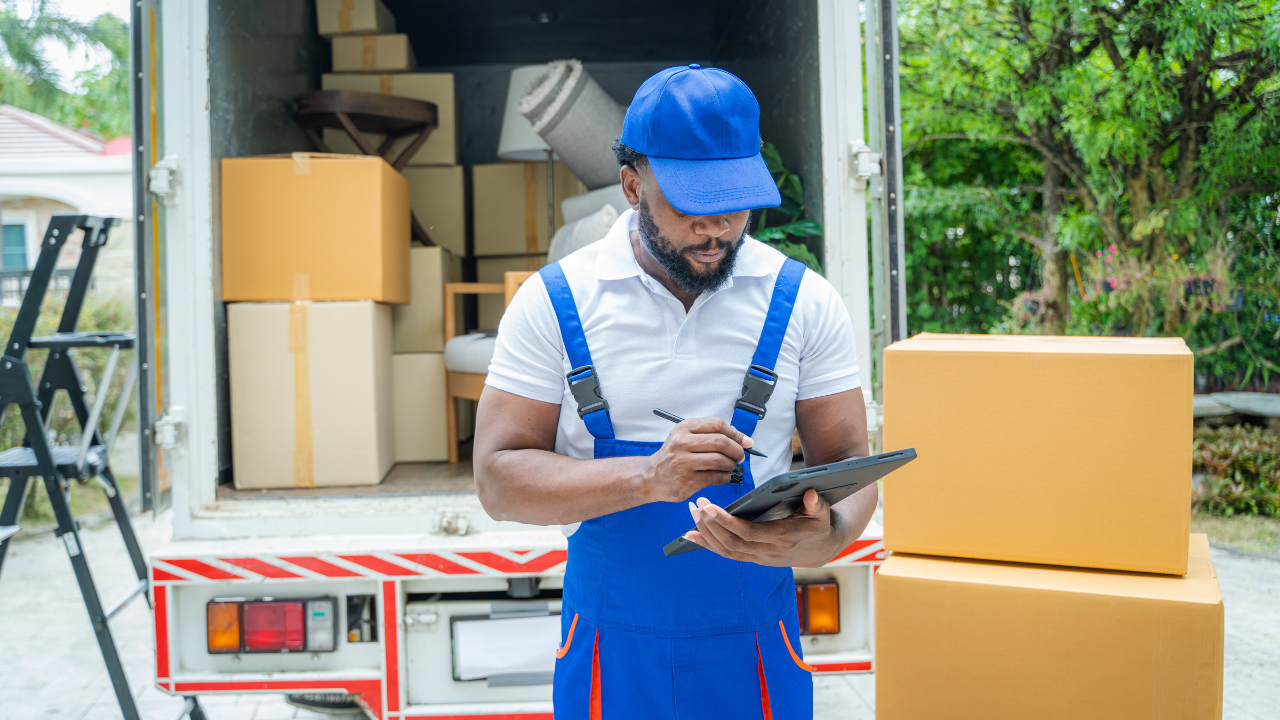 Moving professional with tablet checking inventory, truck in background.