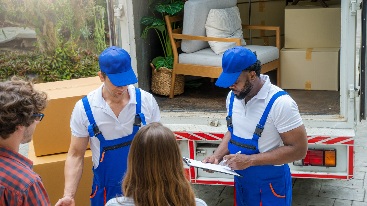Movers in blue uniforms with customers next to truck, reviewing paperwork and cardboard boxes.