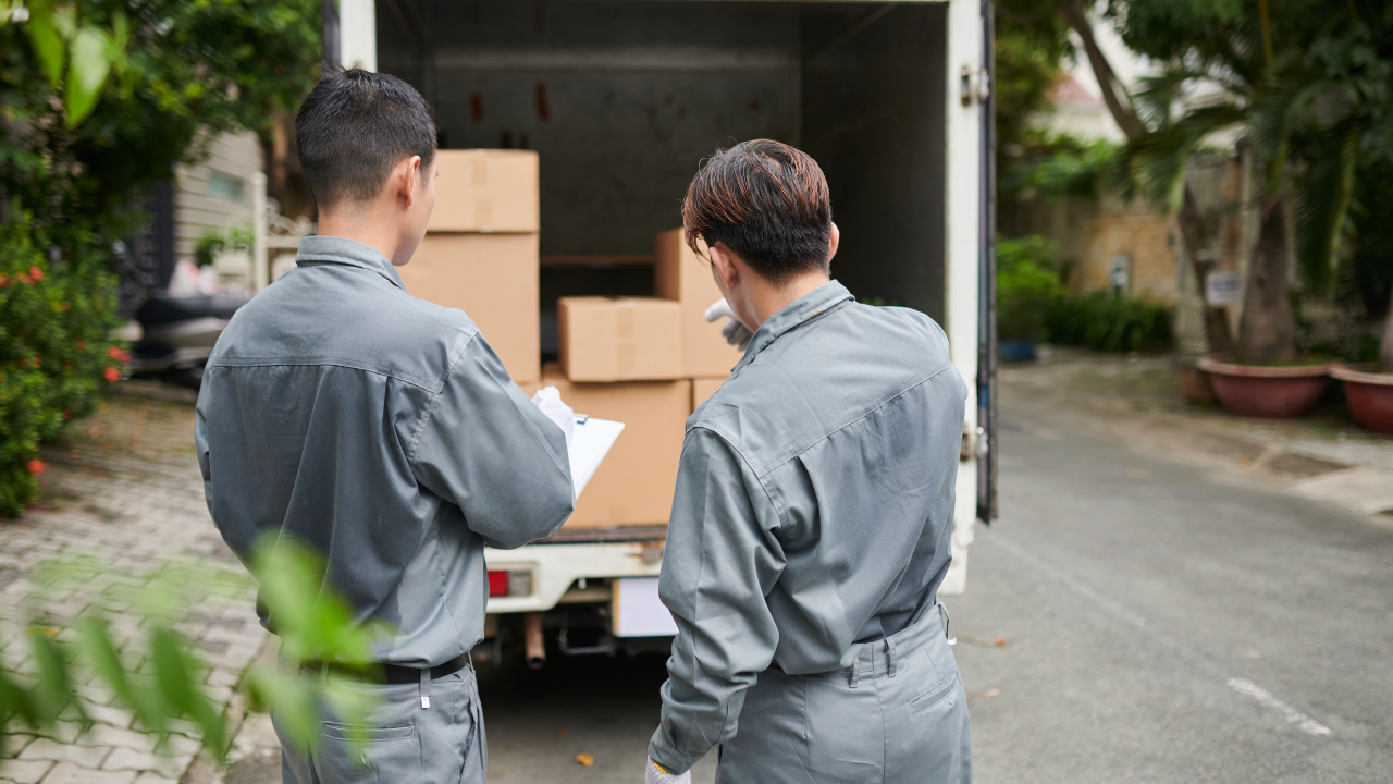 Two people loading boxes into a truck; one is holding a clipboard.