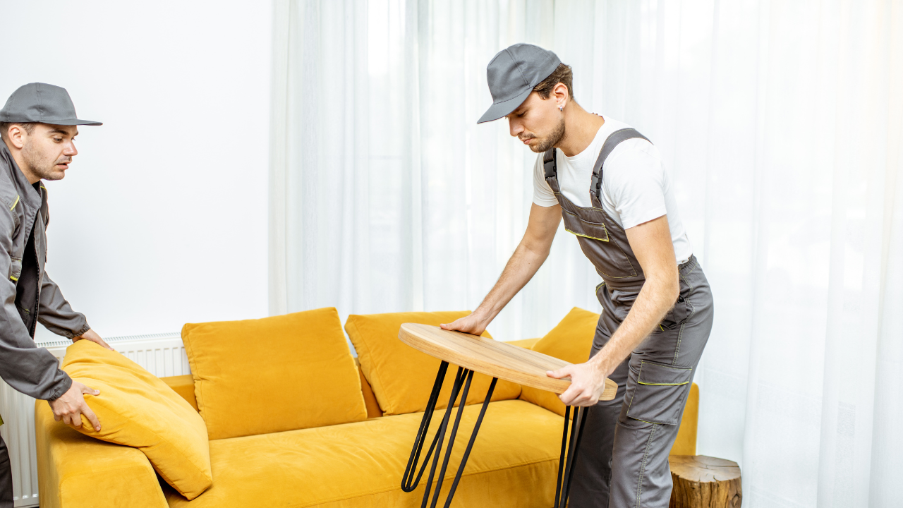 Two workers in grey overalls and caps move furniture in a white room.