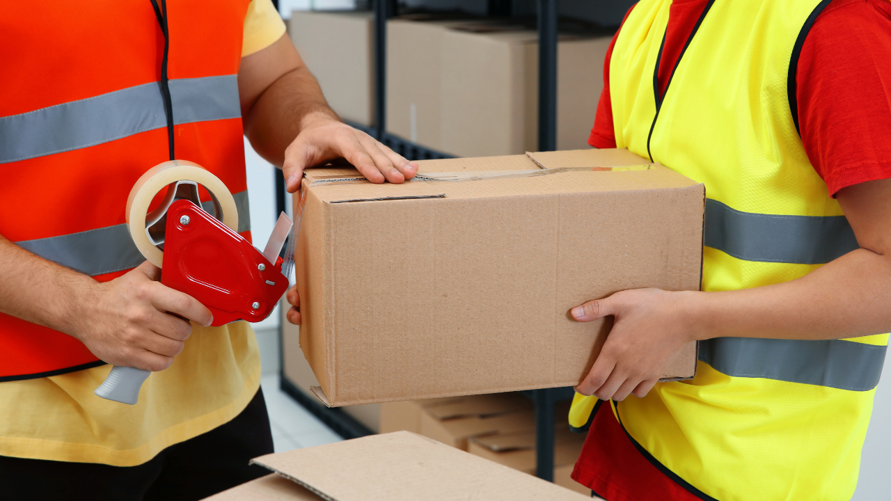Two workers packaging a cardboard box, one holding tape, the other holding the box; warehouse setting.
