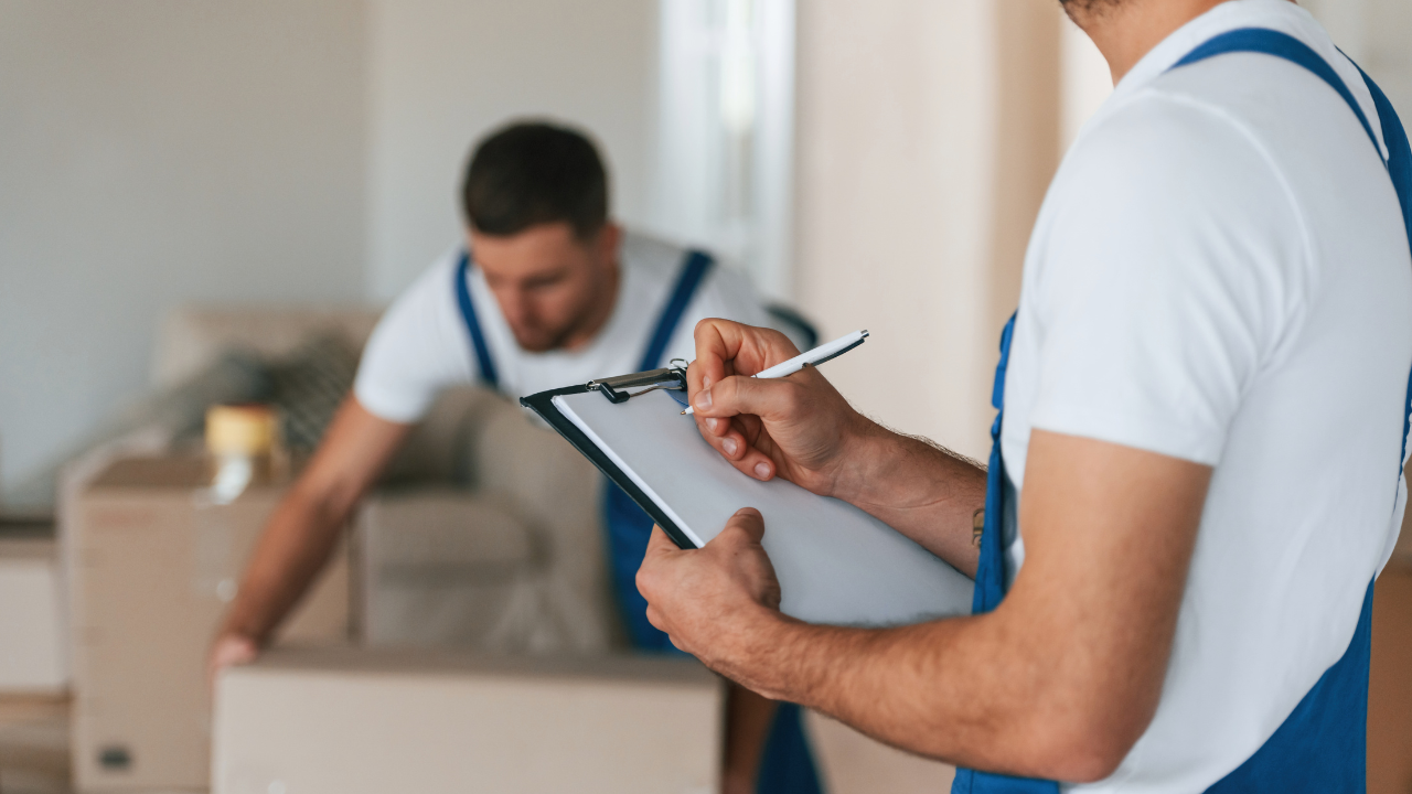 Two movers in blue overalls, one writing on a clipboard, the other carrying a cardboard box indoors.