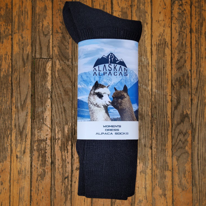 Dark gray alpaca socks with a band featuring two alpacas and