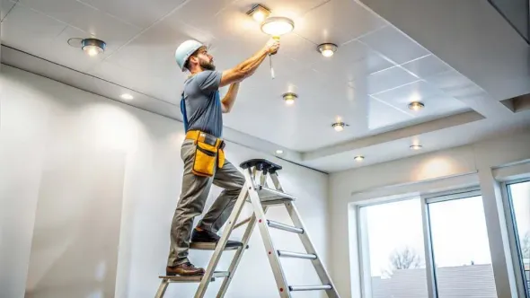 A photo of an electrician on a ladder installing lighting