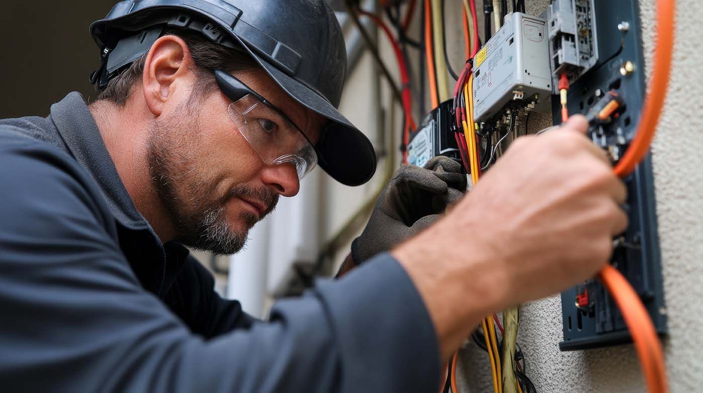 A photo of an electrician installing wiring wearing safety glasses and a hard hat