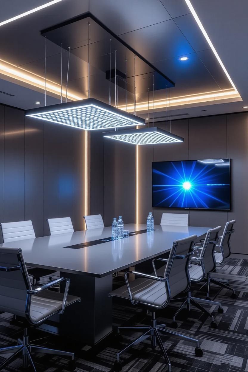 Modern conference room with long table, chairs, and large screen. Overhead lights and brown walls.