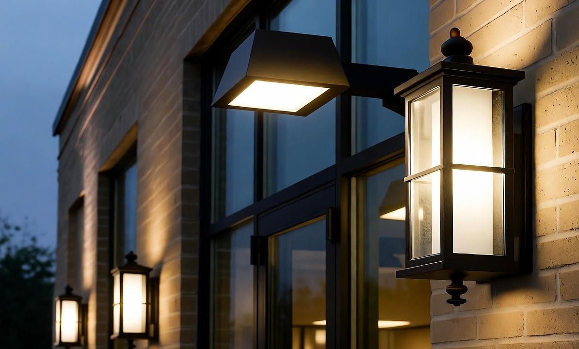Exterior building with brick wall, glass windows, and illuminated wall-mounted lamps at dusk.