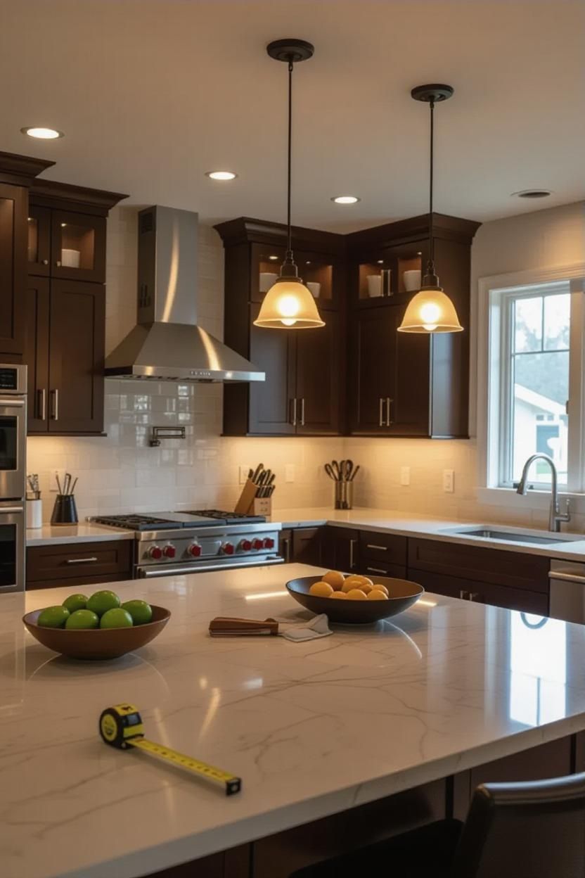 Kitchen with dark brown cabinets, white countertop, stainless steel range hood, and pendant lights.