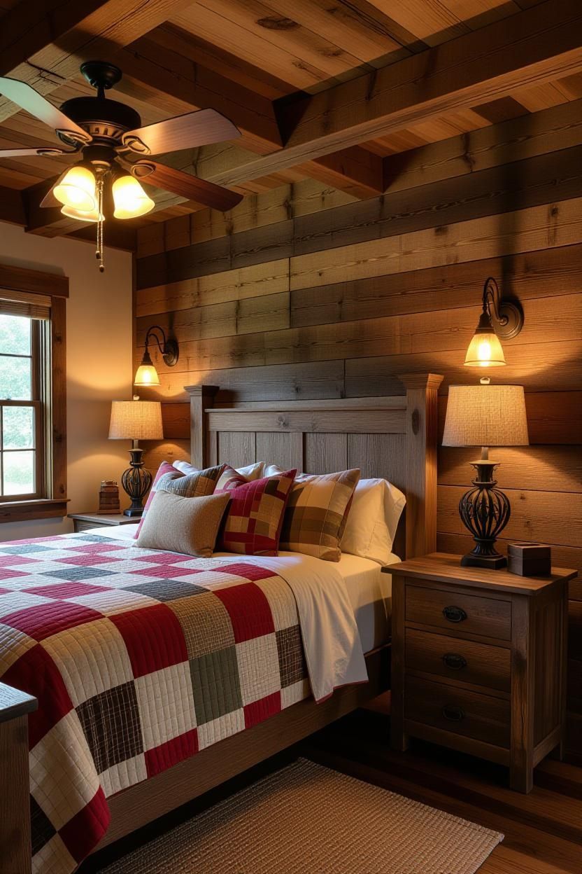 Rustic bedroom with wooden walls and ceiling, a bed with a patchwork quilt, and bedside lamps.