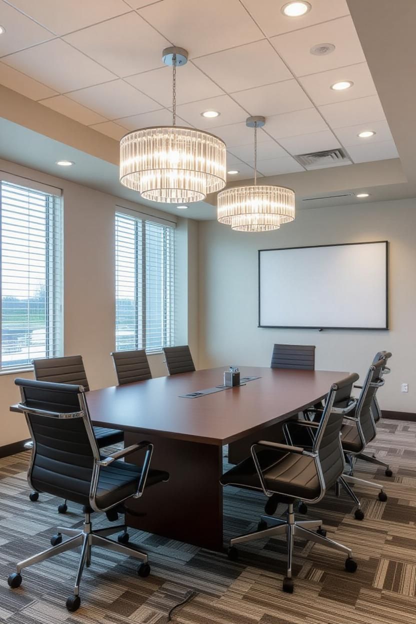 Conference room with long wooden table, black chairs, two chandeliers, white board, and windows.