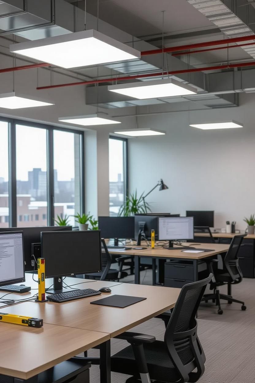Bright office interior with desks, computers, and overhead lighting. Large windows provide natural light.