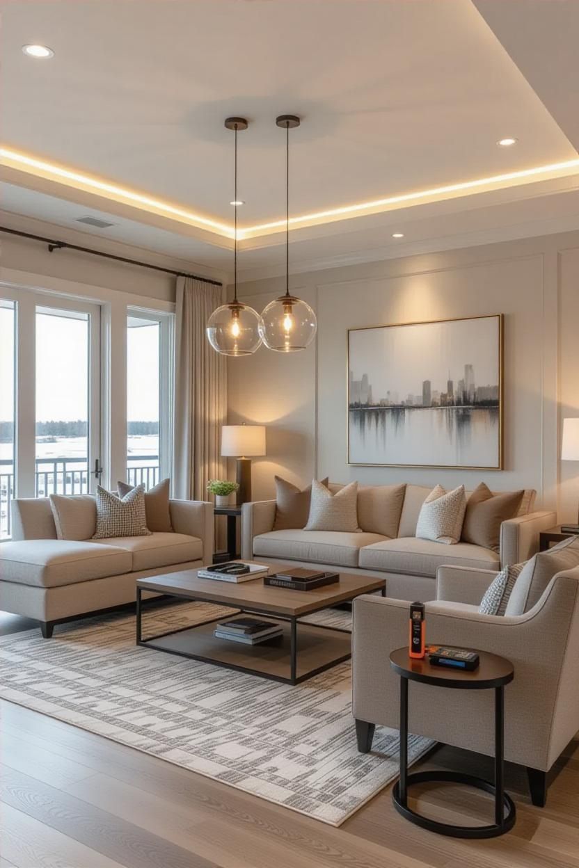 Cozy living room with beige sofas, large rug, pendant lights, and cityscape art above the sofa.