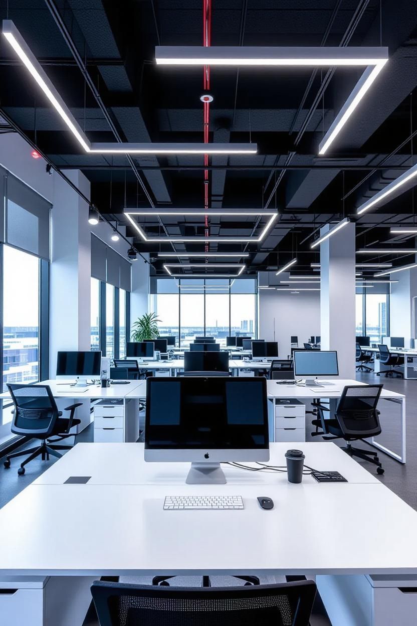 Modern office space with white desks, computers, and overhead lighting. Large windows overlook the city.