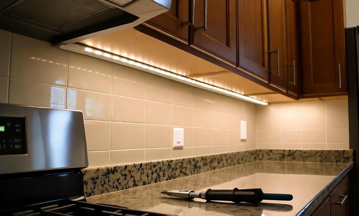 Kitchen with under-cabinet lighting. Stainless steel appliances, granite countertops, and tile backsplash.