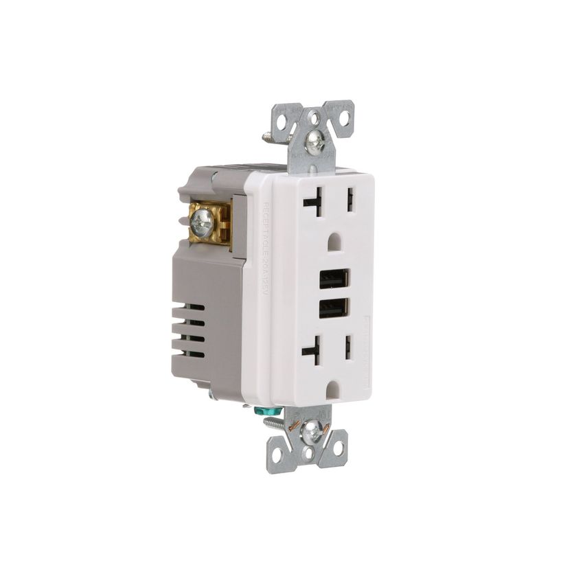 A photo of a 15 amp receptacle with 2 slots for USB-A inputs