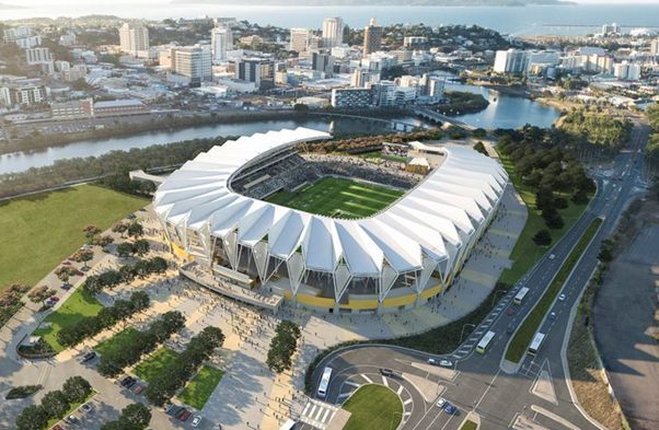Aerial View of a Modern Sports Stadium Surrounded by Roads and City Buildings — Nick Favot Painting In Bohle, QLD