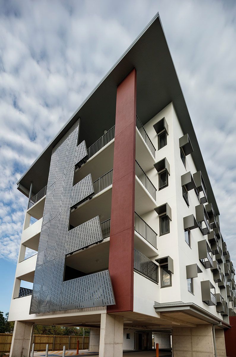 Modern Apartment Building With Red and Gray Accents — Nick Favot Painting In Bohle, QLD