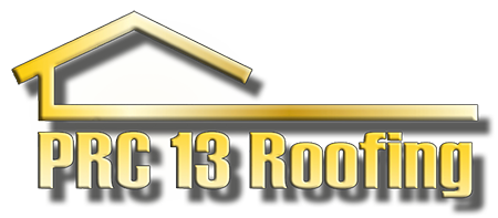 A logo for prc 13 roofing with a roof on it