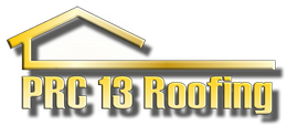 A logo for prc 13 roofing with a roof on it