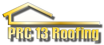 A logo for prc 13 roofing with a roof on it